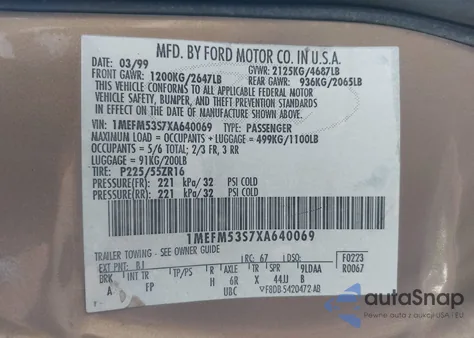 1999 Mercury Sable Ls z USA, uszkodzony, nr VIN 1MEFM53S7XA640069